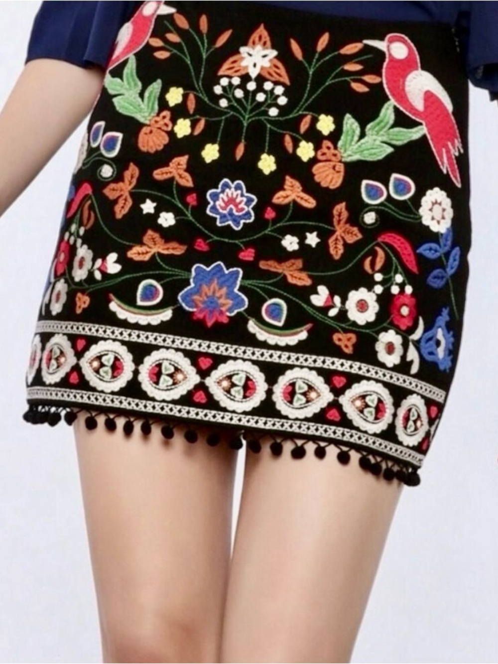 NWT Umgee Black Embroidered Mini Skirt w/ Multicolor Floral/Bird/Folk Motifs L